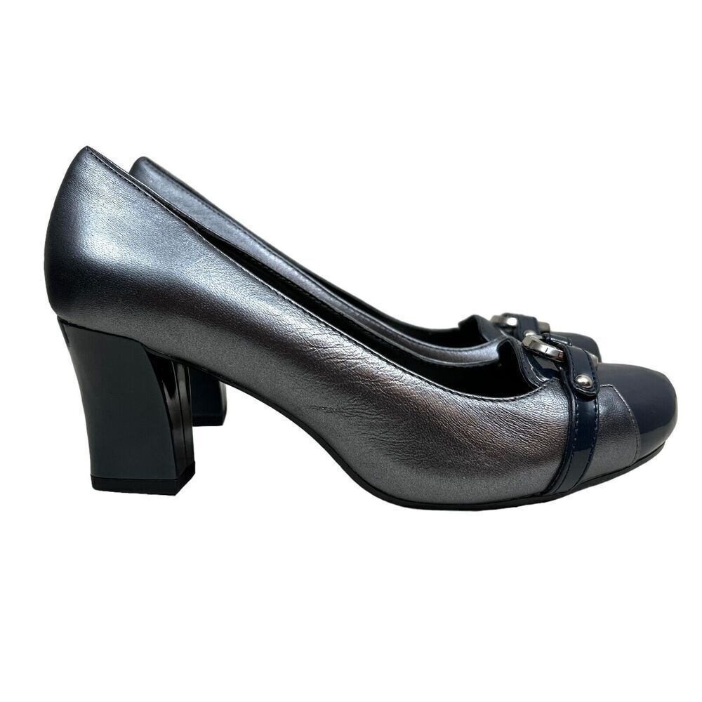 Monet Pump Leather Block Heel‎ Horsebit Patent Cap Toe Metallic Blue Women Sz 7M
